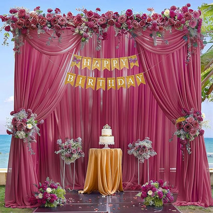 10ft x 10ft Burgundy Backdrop Curtains, Wrinkle-Free Sheer Chiffon Fabric Photo Backdrop Drapes for Wedding Arch Party Ceremony Stage Photography Decorations