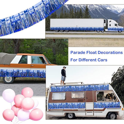 4 Pack Iridescent Float Fringe Curtains, Metallic Foil Fringe Garland Shiny Tassel Foil Parade Float Decorations for Trailer Car Graduation Homecoming Outdoor Indoor Party (Royal Blue)