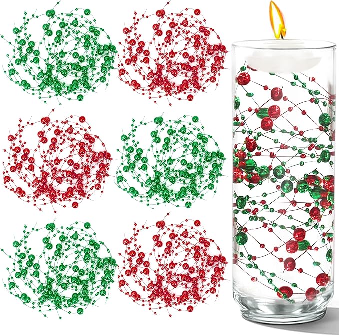 50 PCS Artificial Floating Beads for Centerpieces Vases, 8+3mm String Beads for Christmas Party Pearl String for Decoration, Red & Green String Pearls for Crafts Vase Fillers