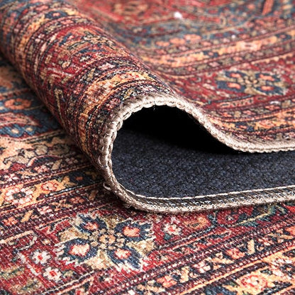 Bloom Rugs Washable Non-Slip 12 ft Runner - Red/Teal Blue/Yellow Traditional Medallion Runner for Entryway, Hallway, Bathroom, and Kitchen - Exact Size: 2.5' x 12'