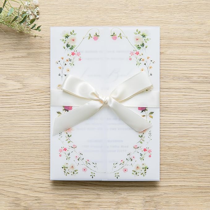 PONATIA 50PCS Vellum Jackets for 5x7 Invitation Cards- 135GSM Wild Flowers Printed Vellum Sleeves, Quinceanera Wedding Invitation Cards Wraps, Transparent Christmas Gift Cards Jackets
