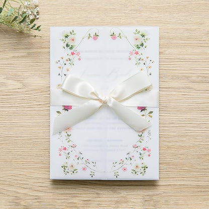 PONATIA 50PCS Vellum Jackets for 5x7 Invitation Cards- 135GSM Wild Flowers Printed Vellum Sleeves, Quinceanera Wedding Invitation Cards Wraps, Transparent Christmas Gift Cards Jackets