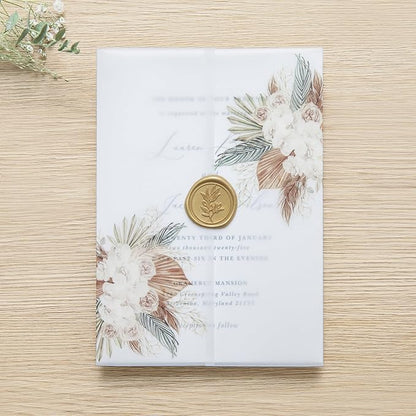 PONATIA 50PCS Vellum Jackets for 5x7 Invitation Cards- 135GSM Boho Flowers Vellum Sleeves Paper - Wedding Invitations Wraps - Transparent Card Jacket