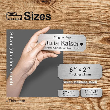 Personalized Name Plates, Silver Engraved Plaque, Stainless Steel Trophy Plates Engraved, Custom Name Plate with Adhesive Backing or Screws, 6" W x 2" H