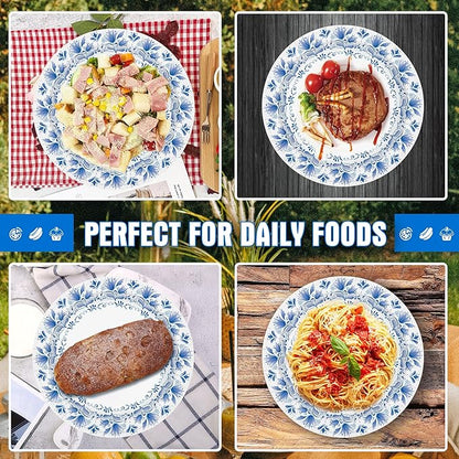 Charmount Blue Flower Printed Paper Plates - Bulk 8.5 Inch, 150pcs, Soak & Cut Proof for Parties & Daily Use