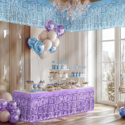 2 Pack Light Blue Light Purple Table Skirts, 29x108" Metallic Foil Tinsel Fringe Table Skirt for Rectangle Tables Streamer Curtains Backdrop, Party Decorations for Birthdays, Weddings, Holidays