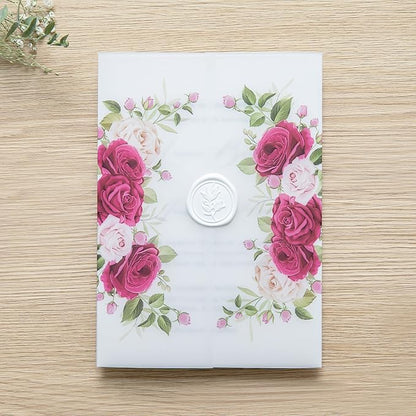 PONATIA 50PCS Vellum Jackets for 5x7 Invitation Cards- 135GSM Fuchsia Flowers Vellum Sleeves Paper 5x7 Jackets - Wedding Invitations Wraps - Transparent Card Jacket