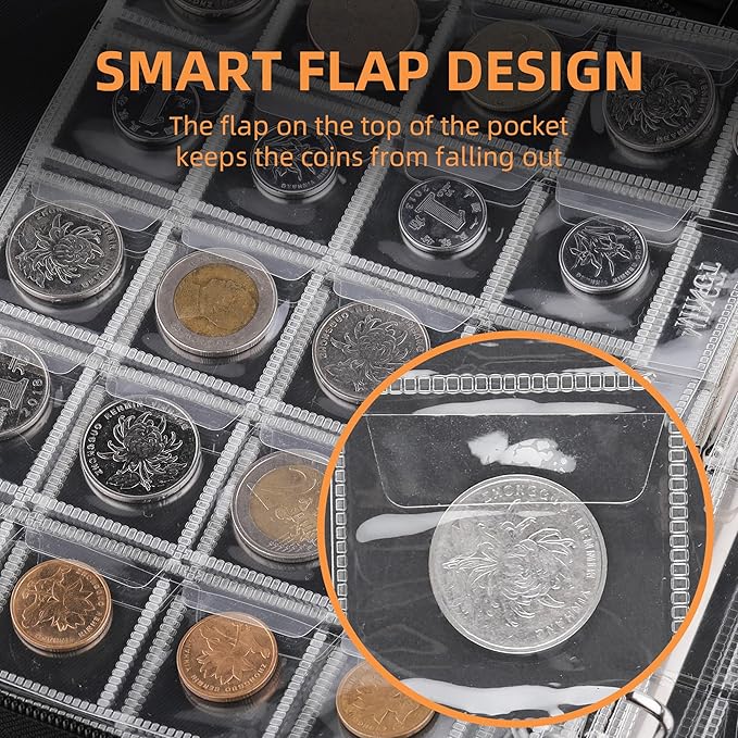 Fireproof Coin Collection Album for Collectors, 300 Pockets Coins Collecting Album & 36 Sleeves Money Storage Case for Coin Currency Collection Supplies, Bill, Pennies, Quarters, Stamp,F65C001B