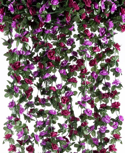 6 Pcs x 8.2 ft Flower Garland Artificial Rose Vine Flowers with Green Leaves Hanging Fake Roses Vine for Room Party Home Wedding Birthday Christmas Wall Arch Decor, Spring Purple Flower