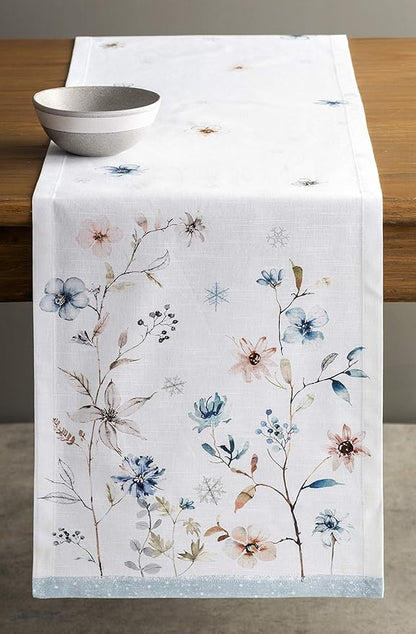 Maison d' Hermine Table Runner 100% Cotton Single Layer Table Runners 108 inches Long for Thanksgiving Christmas Decorations Home Kitchen Dining Party Wedding (Ice Florals, 14.5" x 108")