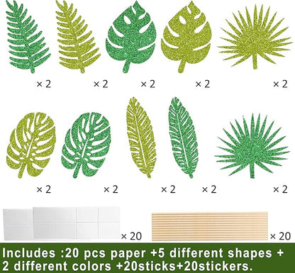 20pcs Glitter Tropical Leaves Centerpiece Decorations for Table Green Palm Leaf Theme Centerpiece Sticks Hawaiian Luau Birthday Decorations for Summer Jungle Theme Birthday Party Baby Shower Supplies