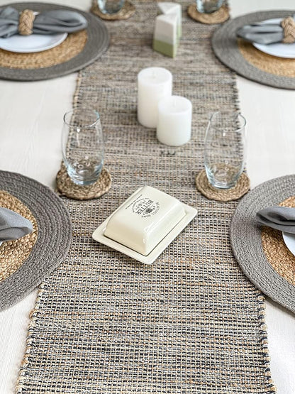 Chardin home Natural Jute Table Runner 13x90 Inch – Vintage Boho Rustic Table Decor – Handwoven Table Runner in Natural Jute and Grey – Farmhouse Dining or Console Table Accent