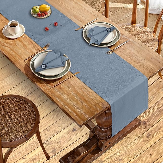 Ruvanti Linen Table Runner 90 Inches, Classic Hemstitch, Washable, Reusable, Non-Slipping, Stain Resistant- Perfect for Parties, Weddings, Dinners, Thanksgiving, Christmas, Indoor use – Grey