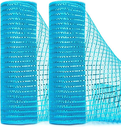 Ribbli 2 Rolls Turquoise Blue Mesh Ribbon,10 inch x 30 feet(10Yard) Each Roll,Metallic Turquoise with Blue Foil,Use for Wreath Swags and Christmas Decoration