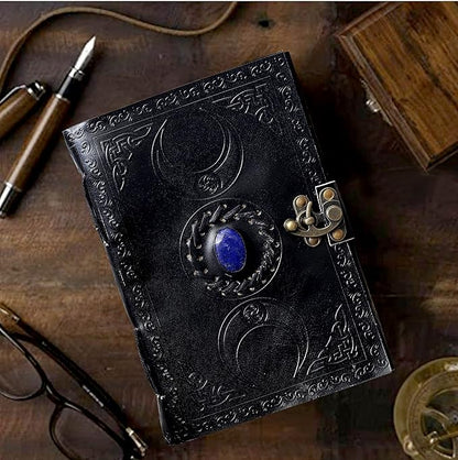 cuero 3 Moon Blue Lapiz Embossed Vintage Leather Journal for Men & Women - 140 Pages, Antique Handmade Deckle Edge Vintage Paper, Leather Journal Writing Notebook Dairy Gift (7 inch by 10 inch, Black)