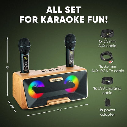 MASINGO Karaoke Machine for Adults and Kids with 2 Wireless Microphones, Portable Bluetooth Singing Speaker, Colorful LED Lights, PA System, Lyrics Display Phone Holder, and TV Cable. Presto G2 Wood