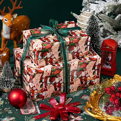 Ulmasinn Reversible Christmas Wrapping Paper Roll - 17" x33ft Double-Sided Designs with Santa and postcard & Plaid for Xmas Gift Wrap for Presents, Table Decor & Crafting
