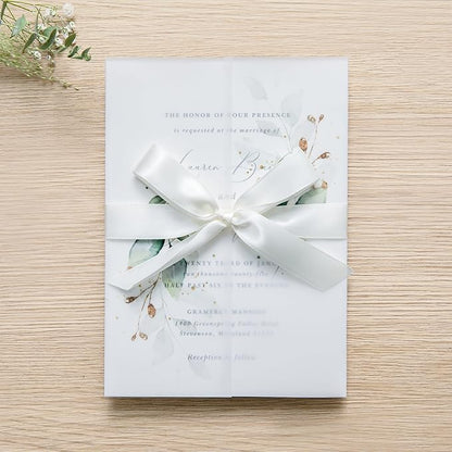PONATIA 50PCS Vellum Jackets for 5x7 Invitation Cards - 135GSM Green Leaves Vellum Sleeves, 5x7'' Clear Jackets Wedding Invitations Wraps - Transparent Card Jackets