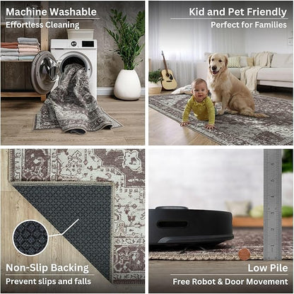 Bloom Rugs Washable Non-Slip 5' x 7' Rug - Dark Brown Traditional Medallion Area Rug for Living Room, Bedroom, Dining Room, and Kitchen - Exact Size: 5' x 7'