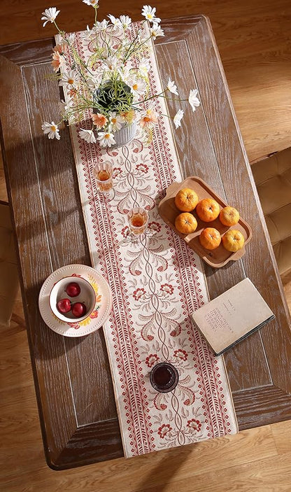ISAENNE Designer Vintage Linen Table Runner 102 Inches Long,Red Floral Pattern Modern Decor Table Runners for Dining Tables,Thanksgiving,Kitchen Tables,Christmas,Banquet,12"*102"-Chamonix A