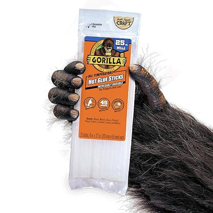 Gorilla Hot Glue Sticks, Clear Glue, Mini Size 8" Long x 0.27" Diameter, 25 Count (Pack of 1) - Safe for All Temperatures with Extended Working Time