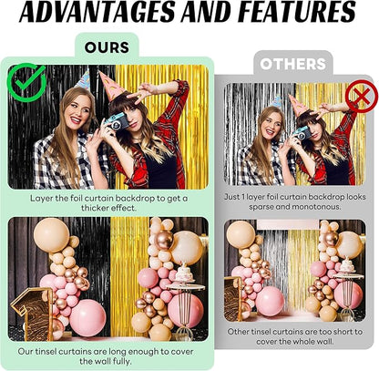 BTSD-home 4 Pack Black Gold Metallic Foil Fringe Curtain Tinsel Streamer Party Decorations Photo Booth Backdrop for Bachelorette Birthday Halloween