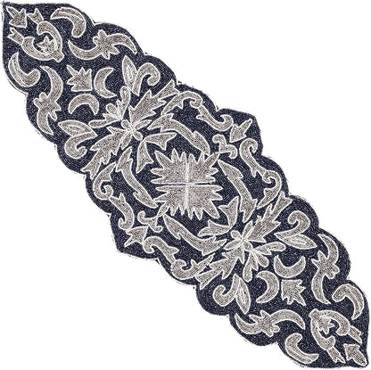 Decorative Beaded Table Runner - 36" Glass Beads & Polyester Table Runner Ideal for Dining, Décor, Luxury Table Centerpiece for Weddings, Holidays & Modern Home Accents (Blue Silver) - CLEENTABLE