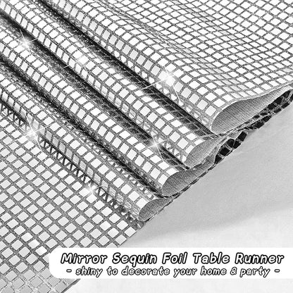 Durony 6 Pack Disco Party Table Runners, 11 x 108 Inch Silver Glitter Foil with Sparkle Sequin, Ideal for Bachelorette, 70s, Disco, Cowgirl Parties