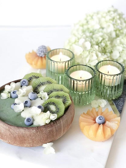 Serene Spaces Living Set of 4 Green Ribbed Glass Votive Holders, Perfect for Weddings and Home Décor, Measures 2.25" Tall and 2" Diameter