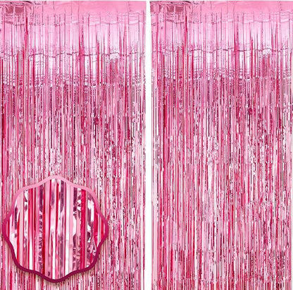 2 Pack Pink Tinsel Foil Fringe Curtains, Pink Party Decorations, Metallic Tinsel Party Streamers Backdrop for Birthday Baby Shower Graduation Wedding Bachelorette Party Decorations
