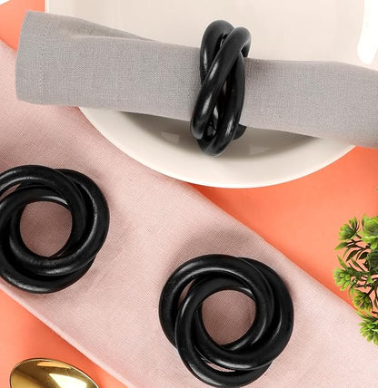 Three Ring Wooden Napkin Rings Set of 12 - Acacia Wood Interlocked Napkin Holder Cuffs for Dinner Table Décor - Rustic Modern Serviette Rings for Weddings, Parties, Receptions (Black) - CLEENTABLE