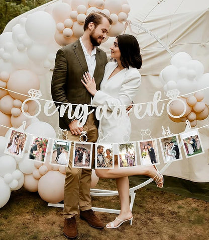 Pre-Strung Engaged Photo Banner - Silver Glitter Engagement Party Decoration Supplies with Romantic Memories Picture Card Frames for Bachelorette, Bridal Shower, Wedding Party Photo Booth Props