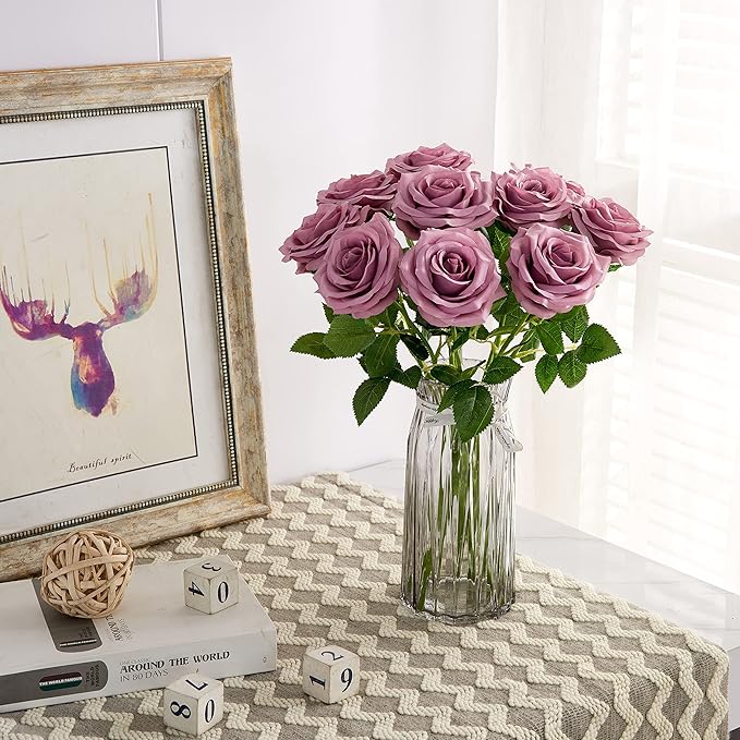 Artificial Rose 10pcs Open Flower Bouquet Faux Rose Stems for Wedding Arrangement, Bridal Bouquet, Centerpiece, Fake Faux Silk Flowers (Mauve)