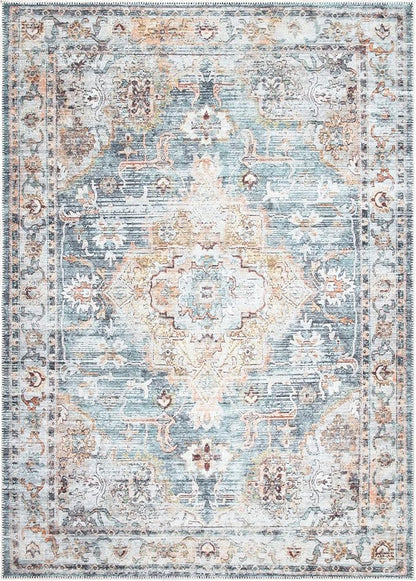 Bloom Rugs Washable Non-Slip 4' x 6' Rug - Teal/Peach Traditional Area Rug for Living Room, Bedroom, Dining Room, and Kitchen - Exact Size: 4' x 6'