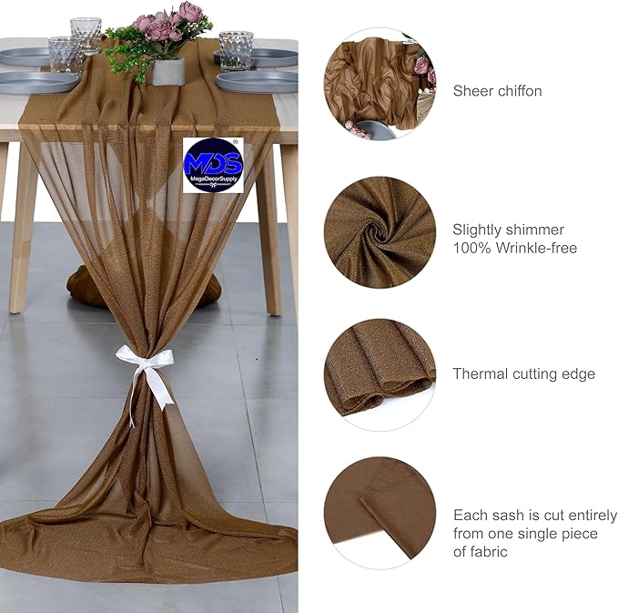 MDS 2 Pack 14ft Chiffon Table Runner 29 x 170 Inches Sheer Wedding Runner Romantic Rustic Table Runner for Wedding Decorations, Birthday Parties, Bridal Shower Party Arch Decor - Mocha
