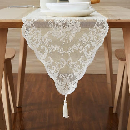 LinenZone Ivory Table Runner with 2 Tassels for Rustic Vintage Decor. Lace Table Runner Works Great As Wedding, Thanksgiving or Christmas Table Decor (Mia 14 x 72, Ivory)