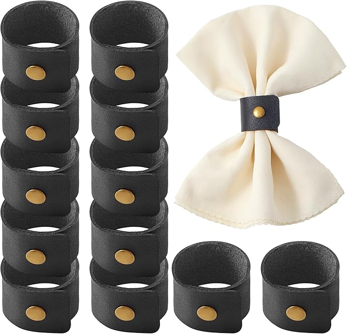 APTWOW Leather Napkin Rings Set of 12 - Fall Thanksgiving Napkin Holder, Black Halloween Vintage Farmhouse Napkin Rings Bulk for Wedding Party Birthday Banquet Table Decor and Daily Use