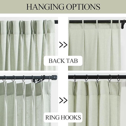 Vision Home Soft Green Pinch Pleated Semi Sheer Curtains Textured Linen Blended Light Filtering Window Curtains 102 inch for Living Room Bedroom Patio Pinch Pleat Drapes with Hooks 1 Panel 60"Wx102"L