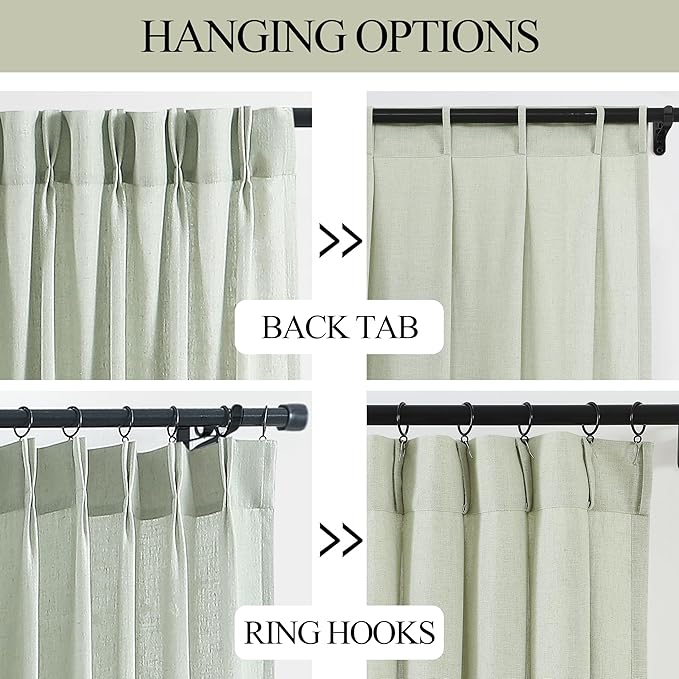 Vision Home Light Green Pinch Pleated Semi Sheer Curtains Textured Linen Blended Light Filtering Window Curtains 90 inch for Living Room Bedroom Patio Pinch Pleat Drapes with Hooks 1 Panel 60" Wx90 L