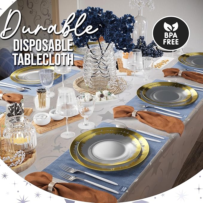 Exquisite Clear Silver Star Tablecloth Plastic 12-Pack Disposable Rectangle Tablecloths 54" x 108" Silver Star Table Cloths Rectangle Table Covers Plastic Tablecloth for Party Decorations