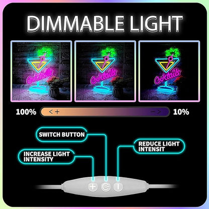 Cocktails Neon Sign Cocktail Glass LED Neon Signs Art Wall Lights for Beer Bar Decor Dimmable USB Powered Martini LED Neon Light for Party, Cocktails Bar, Pub, Night Club, Man Cave Decoration