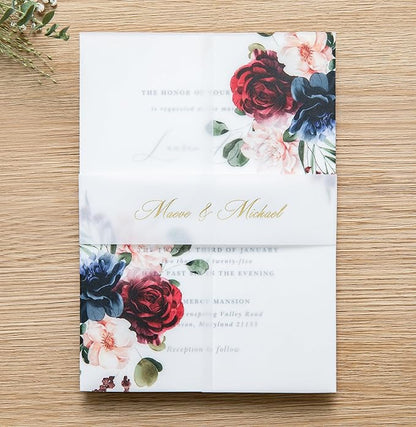 PONATIA 50 PCS 135gsm Vellum Jackets for 5x7 Invitation Cards - Burgundy and Navy Blue Flowers Printed Vellum Sleeves, Wedding Invitation Cards Wraps, Transparent Christmas Gift Cards Jackets