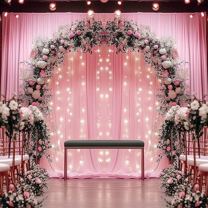 50ftx14FT Wrinkle Free Pink Backdrop Curtain, 10 Panels 14FT Height Pink Wedding Backdrop Drapes, Silky Polyester Back Drop Cloth for Birthday Photography Background Party Backdrop Draping