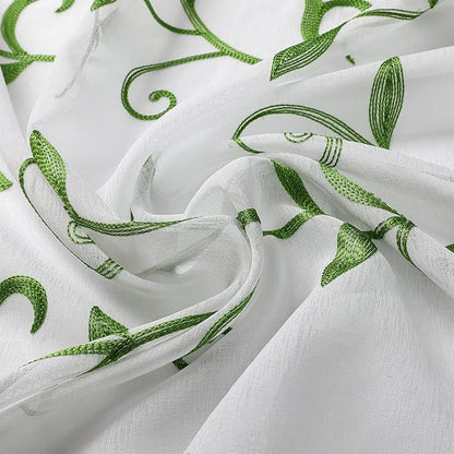 VISIONTEX Embroidered Green Sheer Voile Curtains, Leaves Embroidery Faux Linen Rod Pocket Window Drapes for Living Room and Girls Bedroom 54 x 95 Inch, Set of 2 Curtain Panels
