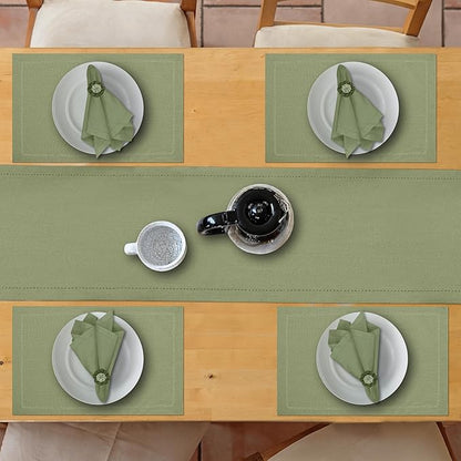 Ruvanti Linen Table Runner 72 Inches, Classic Hemstitch, Washable, Reusable, Non-Slipping, Stain Resistant- Perfect for Parties, Weddings, Dinners, Thanksgiving, Christmas, Indoor use – Olive