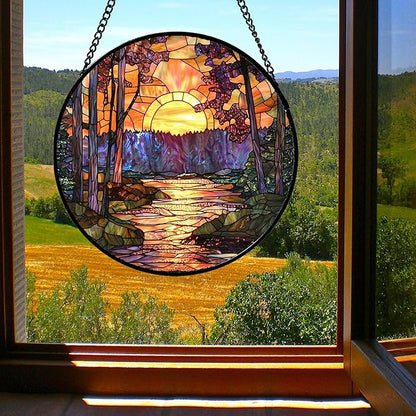 Stained Glass Window Hanging, Orange Landscape Green Purple Lake Forest Suncatcher for Doors Window Home Sun Catchers Decor Mother's Day Birthday Gifts for Women Men Mom 15 in