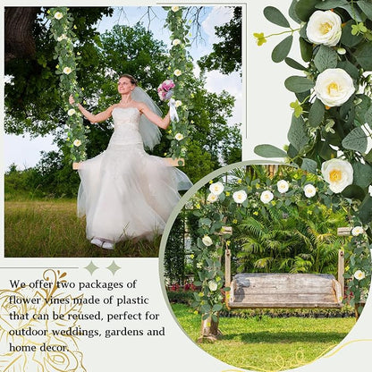ASTRYAS 2 Pack 6.23Ft Artificial Eucalyptus Garland with Flowers, Fake Rose Garland Greenery Garlands Floral Vines for Wedding Spring Home Party Craft Art Table Runner Decor(White)