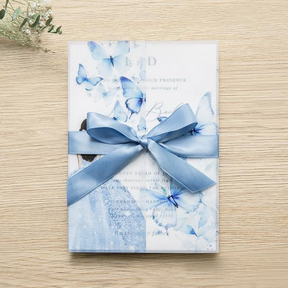 PONATIA 50 PCS Vellum Jackets for 5x7 Invitations - Vellum Paper 5x7 Jackets - 135GSM Blue Girl Butterfly Quinceanera Invitations Wraps - Transparent Cards