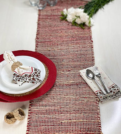 Chardin home Natural Jute Table Runner 13x72 Inch – Vintage Boho Rustic Table Decor – Handwoven Table Runner in Natural Jute and Red – Farmhouse Dining or Console Table Accent