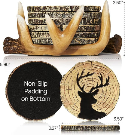 Deer Antlers Coaster Set of 6 – Handcrafted Deer Antler Decor and Man Cave Gifts for Men - 6 Full Size Deer Antlers Coasters for Man Cave Décor